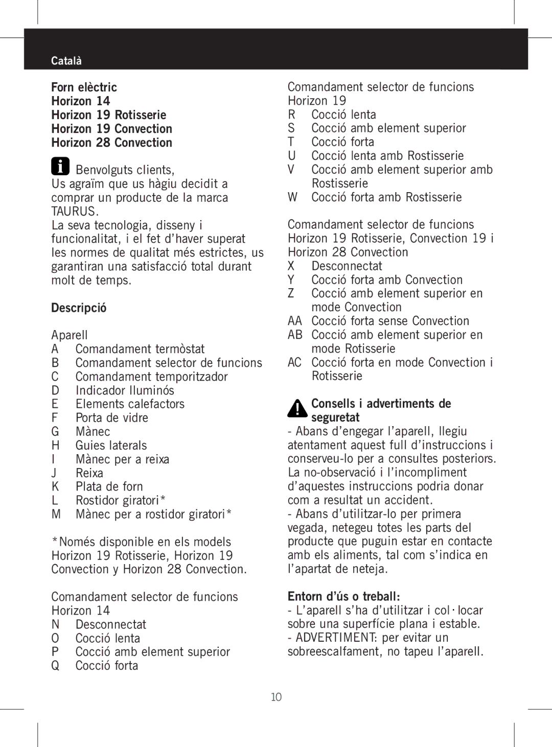 Taurus Group HORIZON 14, HORIZON 28, HORIZON 19 manual Taurus, Comandament selector de funcions Horizon 