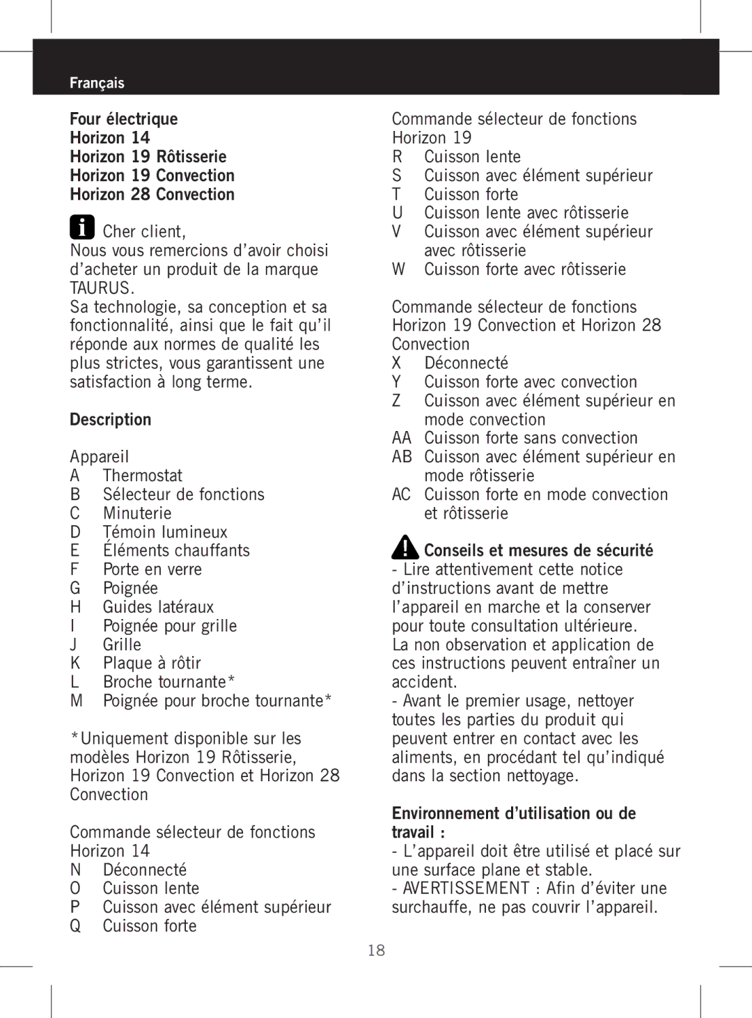 Taurus Group HORIZON 28, HORIZON 14, HORIZON 19 manual Français 