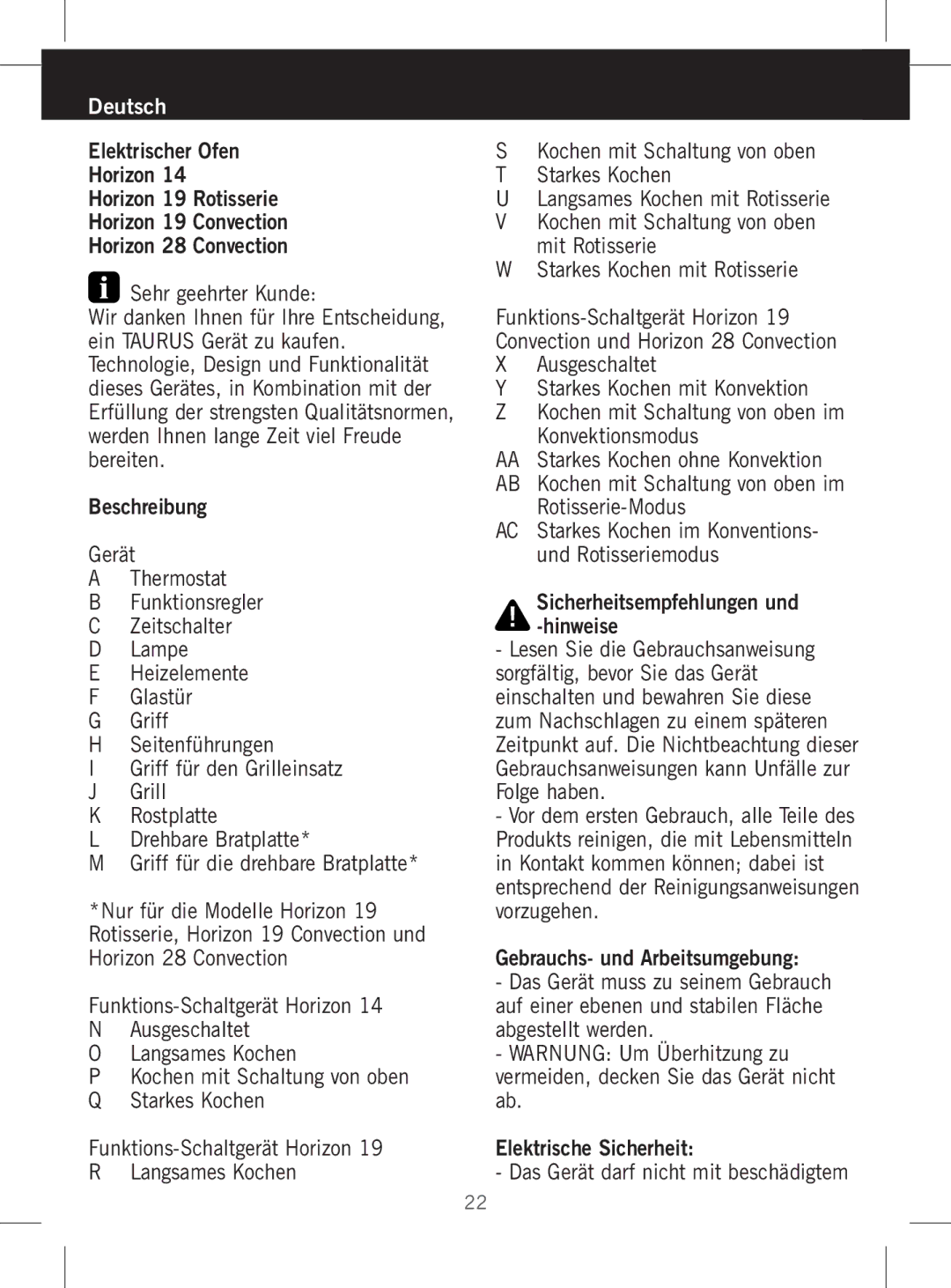 Taurus Group HORIZON 14, HORIZON 28, HORIZON 19 manual Mit Rotisserie Starkes Kochen mit Rotisserie, Rotisserie-Modus 