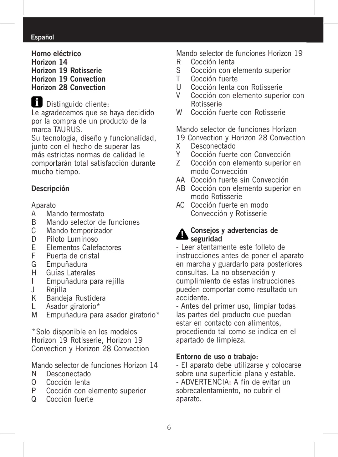 Taurus Group HORIZON 28 manual Descripción Aparato Mando termostato, Mando selector de funciones Horizon, Modo Rotisserie 