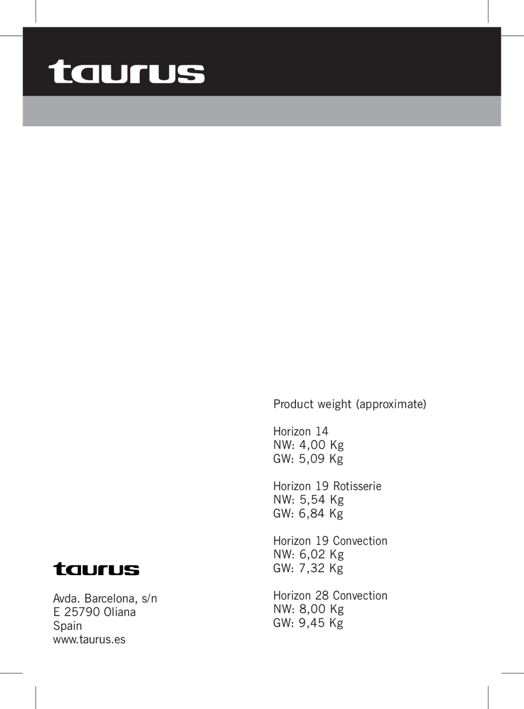 Taurus Group HORIZON 14, HORIZON 28, HORIZON 19 manual 