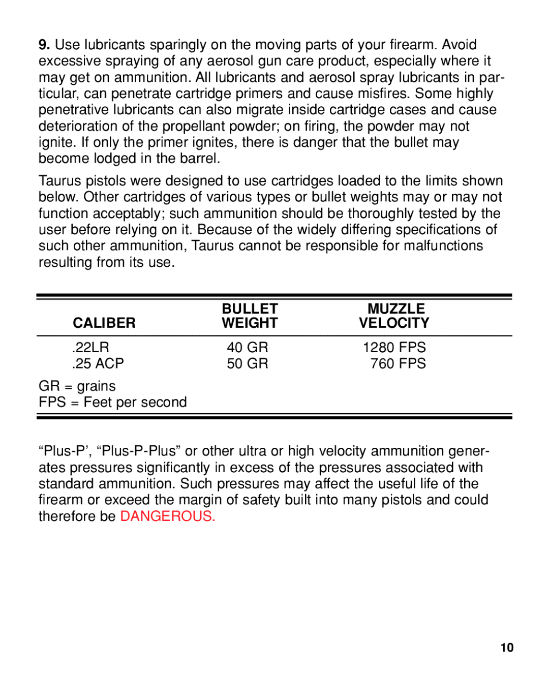 Taurus Group PT22/25 manual Bullet Muzzle Caliber Weight Velocity 