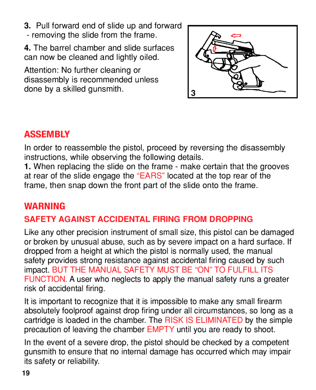 Taurus Group PT22/25 manual Assembly, Safety Against Accidental Firing from Dropping 