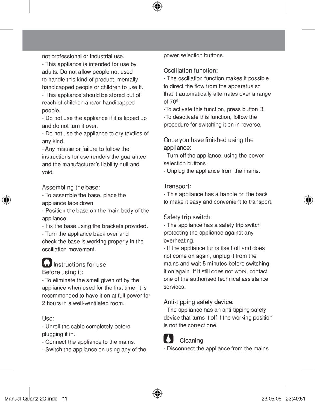 Taurus Group QUARTZ2Q manual Assembling the base, Instructions for use Before using it, Use, Oscillation function, Cleaning 