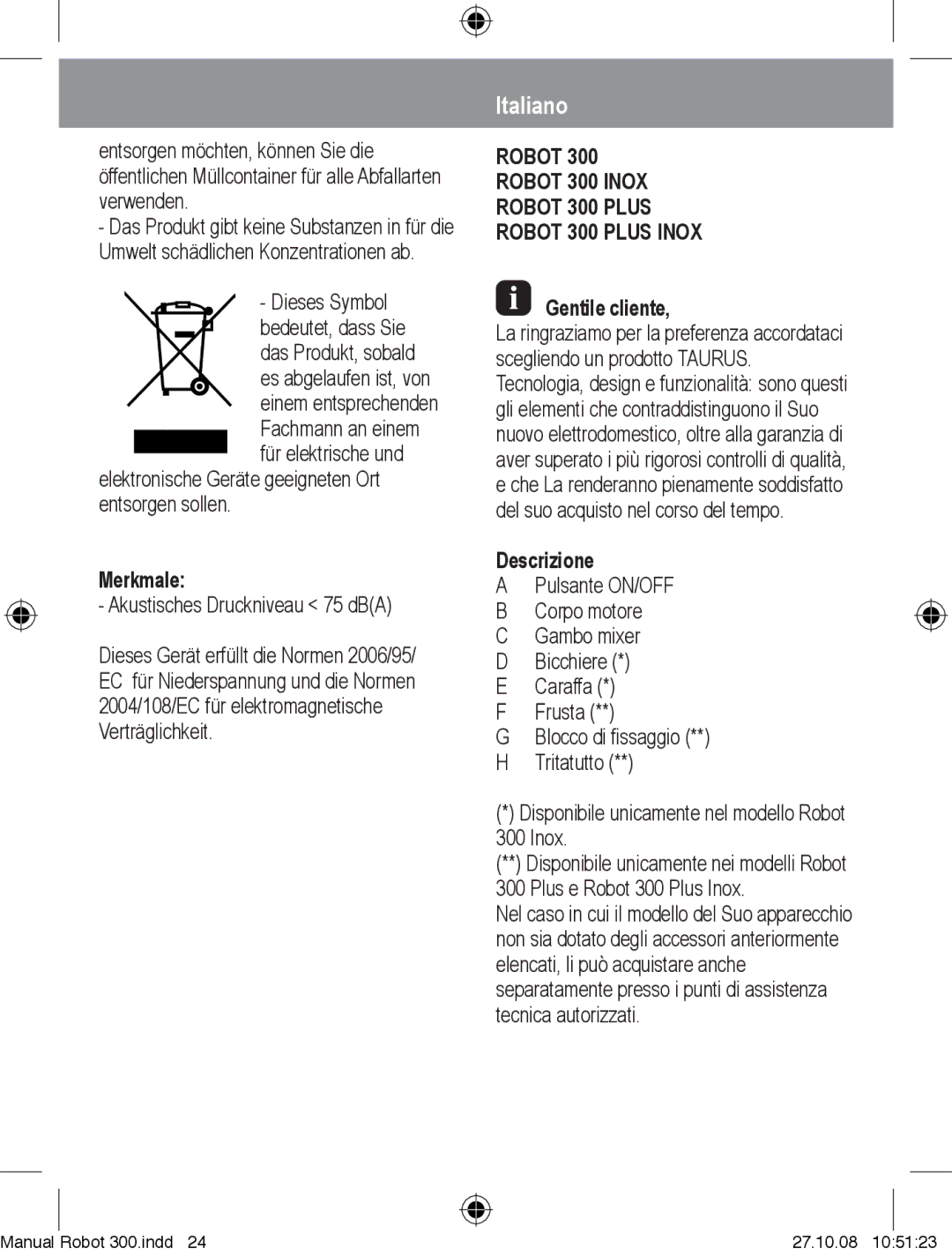 Taurus Group Robot 300 Inox manual Italiano, Elektronische Geräte geeigneten Ort entsorgen sollen, Merkmale, Descrizione 