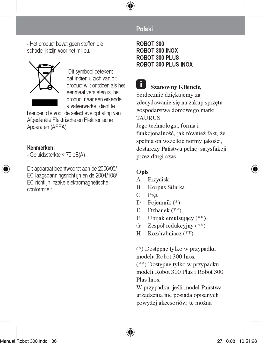 Taurus Group manual Polski, Kenmerken, Robot Robot 300 Inox Robot 300 Plus Robot 300 Plus Inox, Opis 