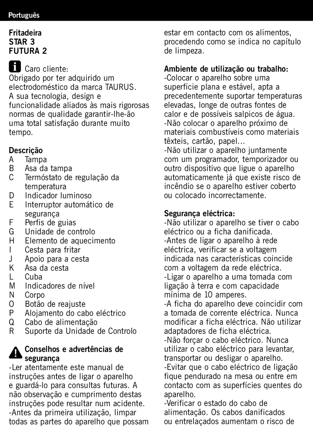 Taurus Group Star 3 manual Fritadeira, Segurança eléctrica 