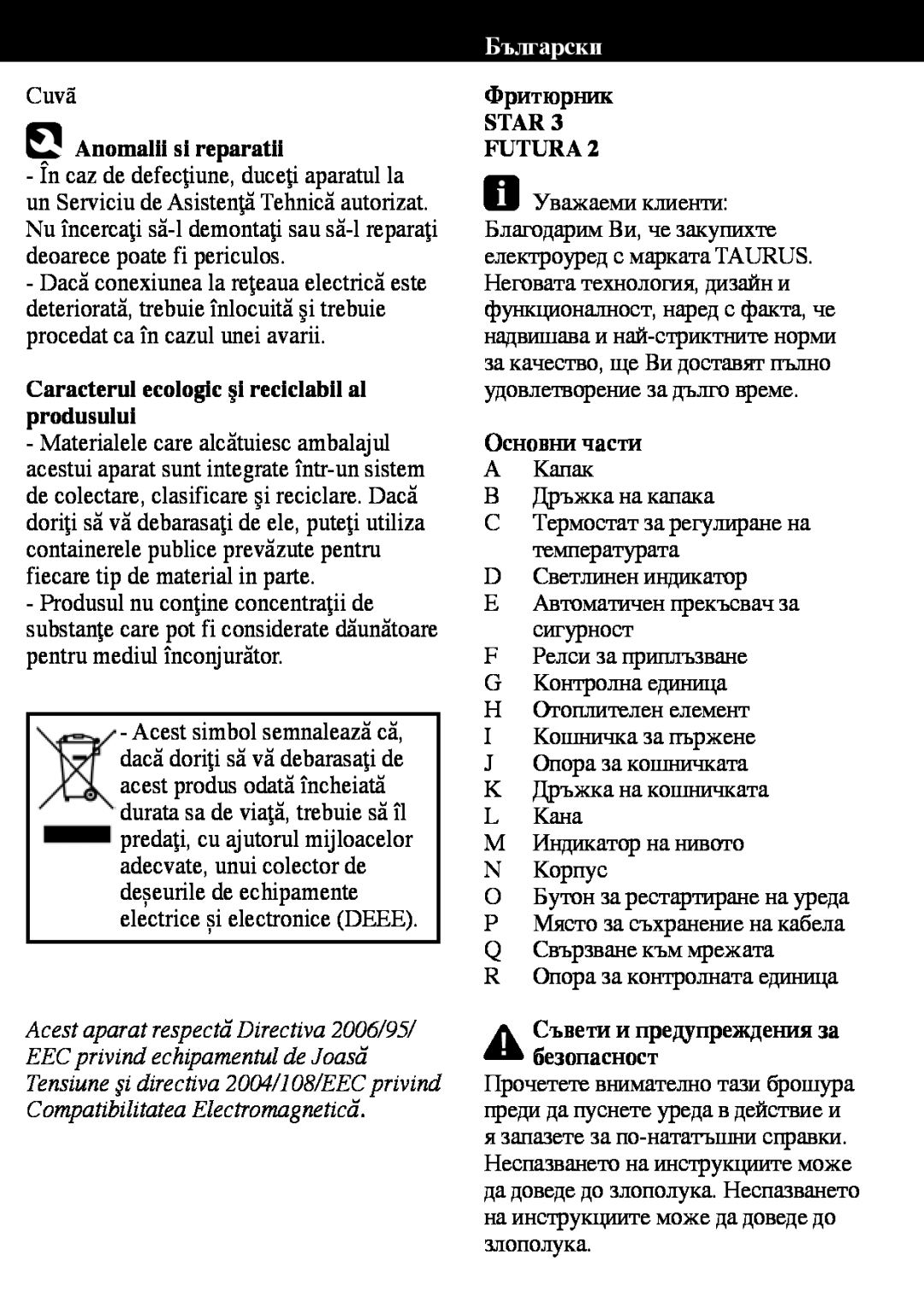 Taurus Group Star 3 manual Anomalii si reparatii, Caracterul ecologic şi reciclabil al produsului, Български 