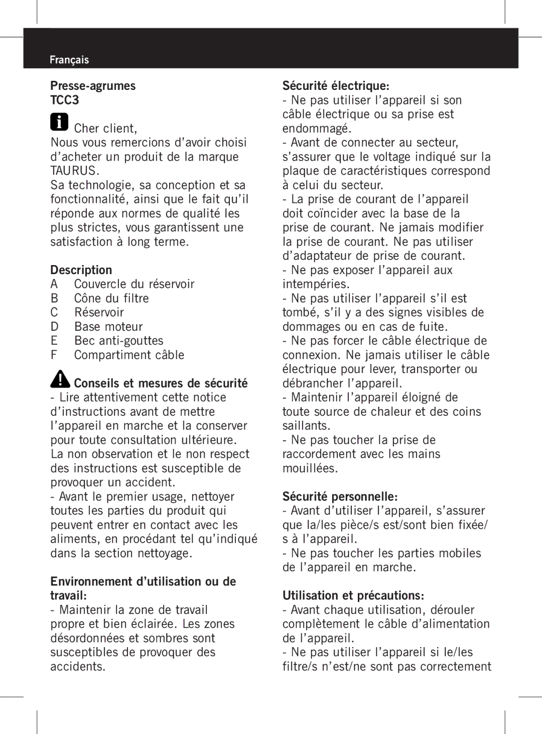 Taurus Group TCC3 manual Presse-agrumes, Cher client 