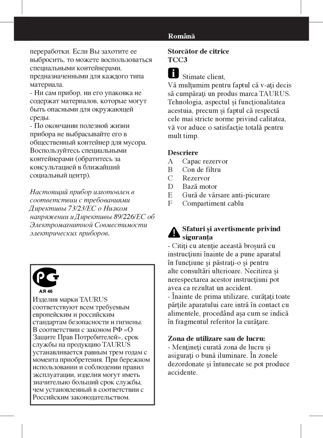 Taurus Group TCC3 manual Storcător de citrice, Descriere, Sfaturi şi avertismente privind siguranţa 