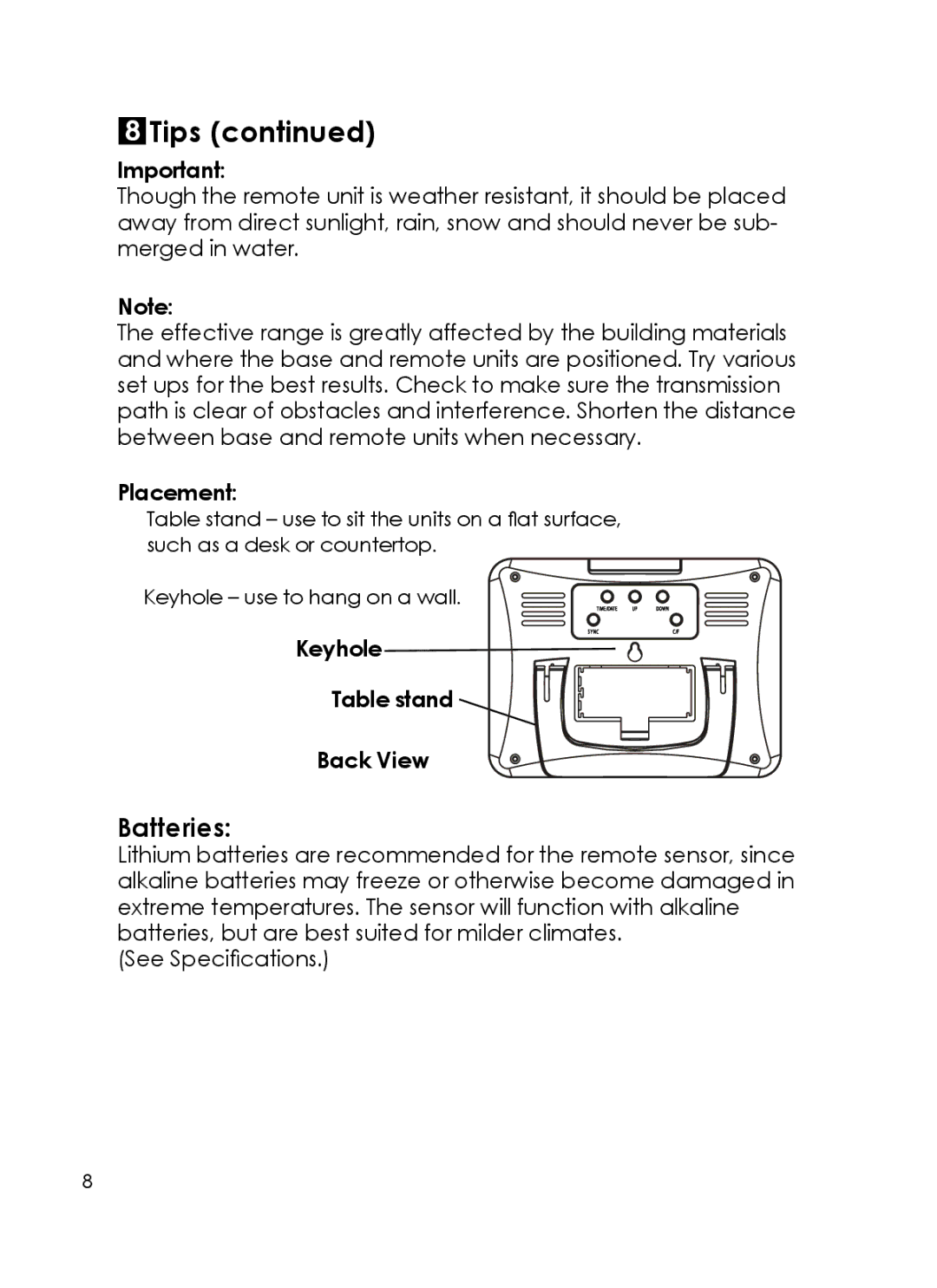 Taylor 1383 instruction manual Batteries, Placement, Keyhole Table stand Back View 