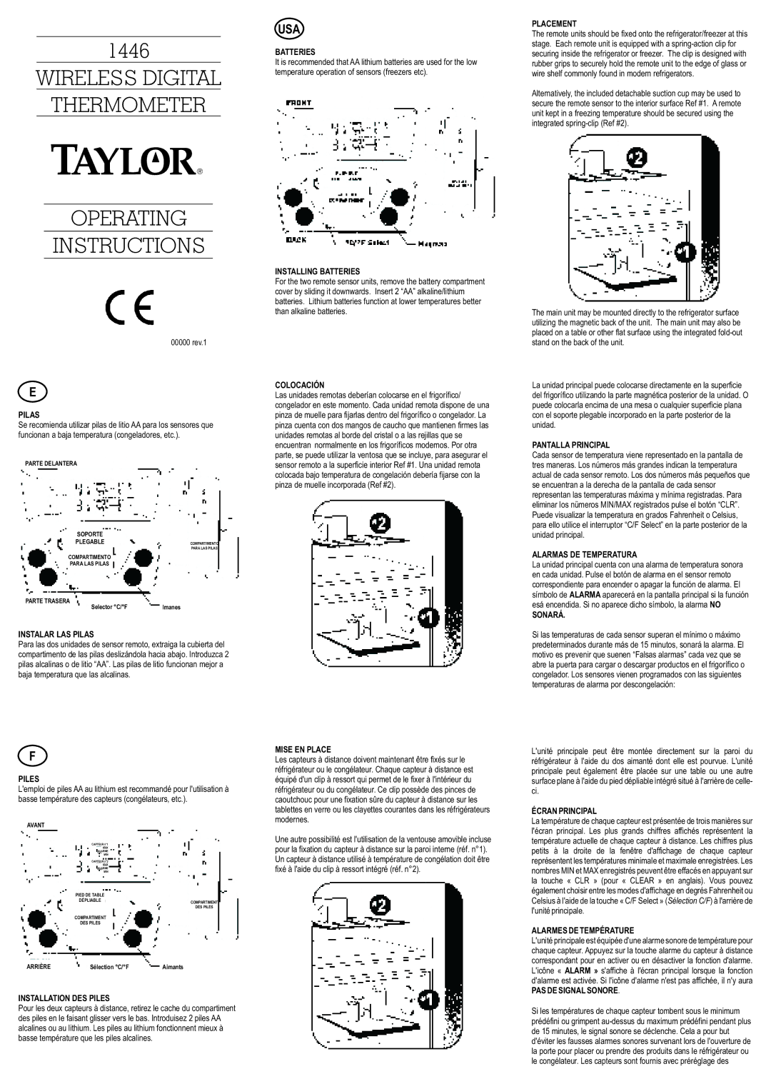 Taylor 1446 operating instructions Instalar LAS Pilas, Installation DES Piles, Installing Batteries, Placement 