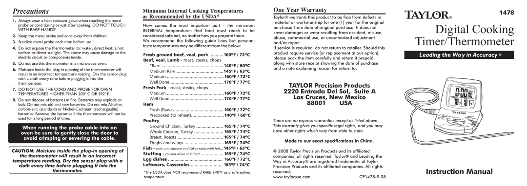 Taylor 1478 instruction manual Precautions 