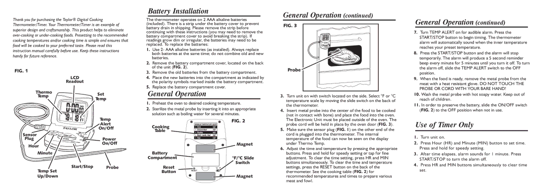 Taylor 1478 instruction manual Battery Installation, General Operation, Use of Timer Only 