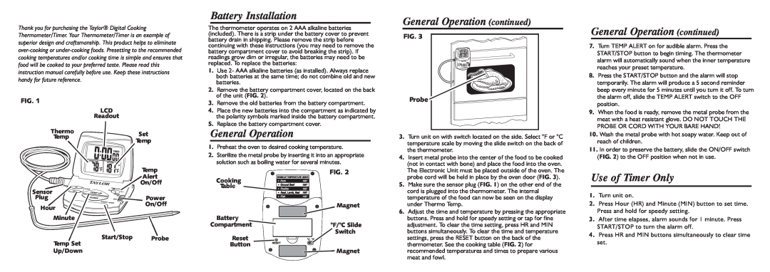 Taylor 1478 instruction manual Battery Installation, General Operation continued, Use of Timer Only 