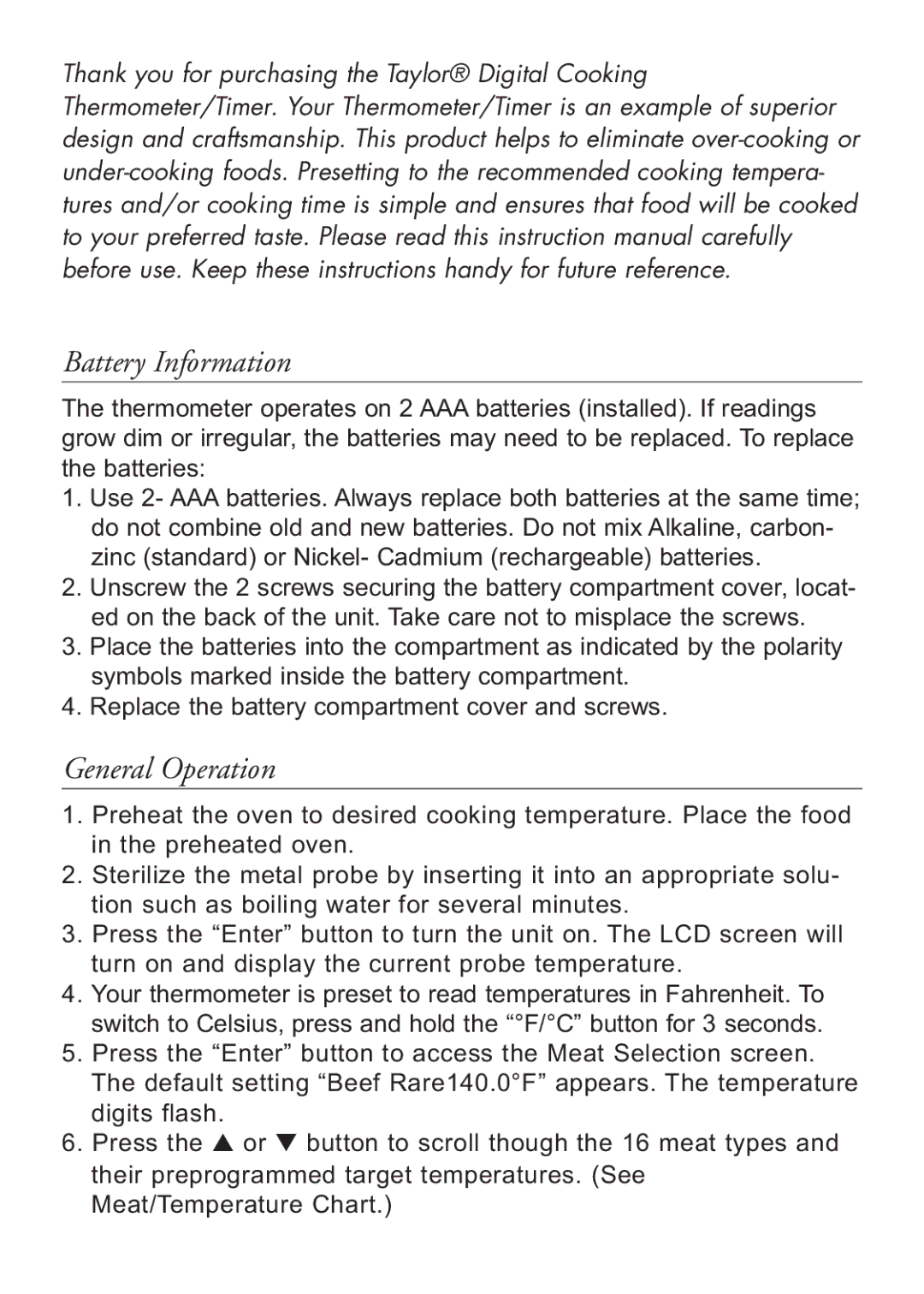 Taylor 1488 instruction manual Battery Information, General Operation 