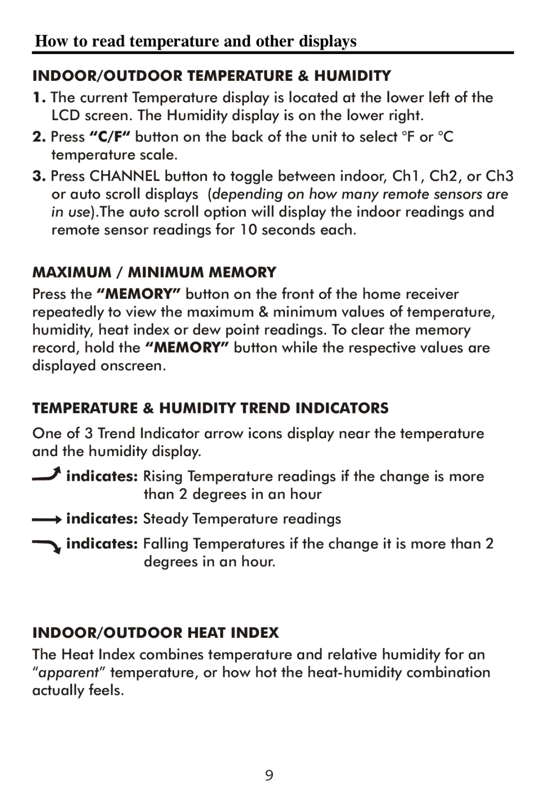 Taylor 1506 instruction manual How to read temperature and other displays, INDOOR/OUTDOOR Temperature & Humidity 