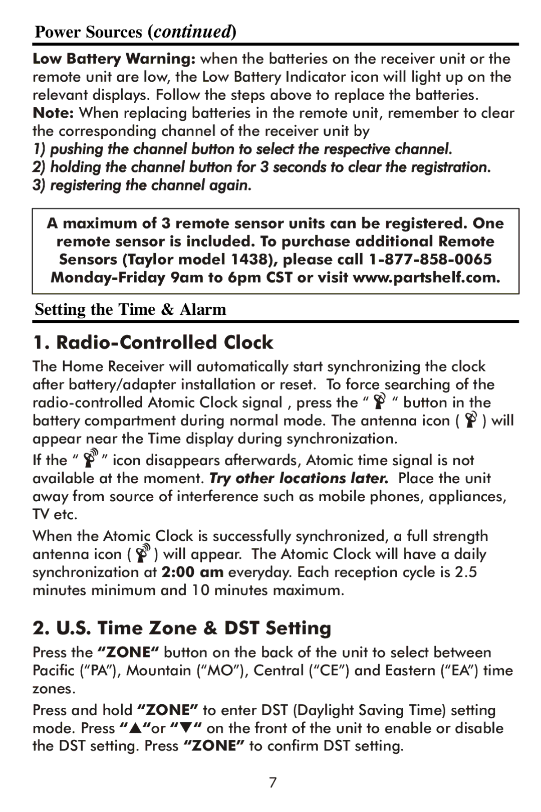 Taylor 1506 instruction manual Radio-Controlled Clock, S. Time Zone & DST Setting, Setting the Time & Alarm 