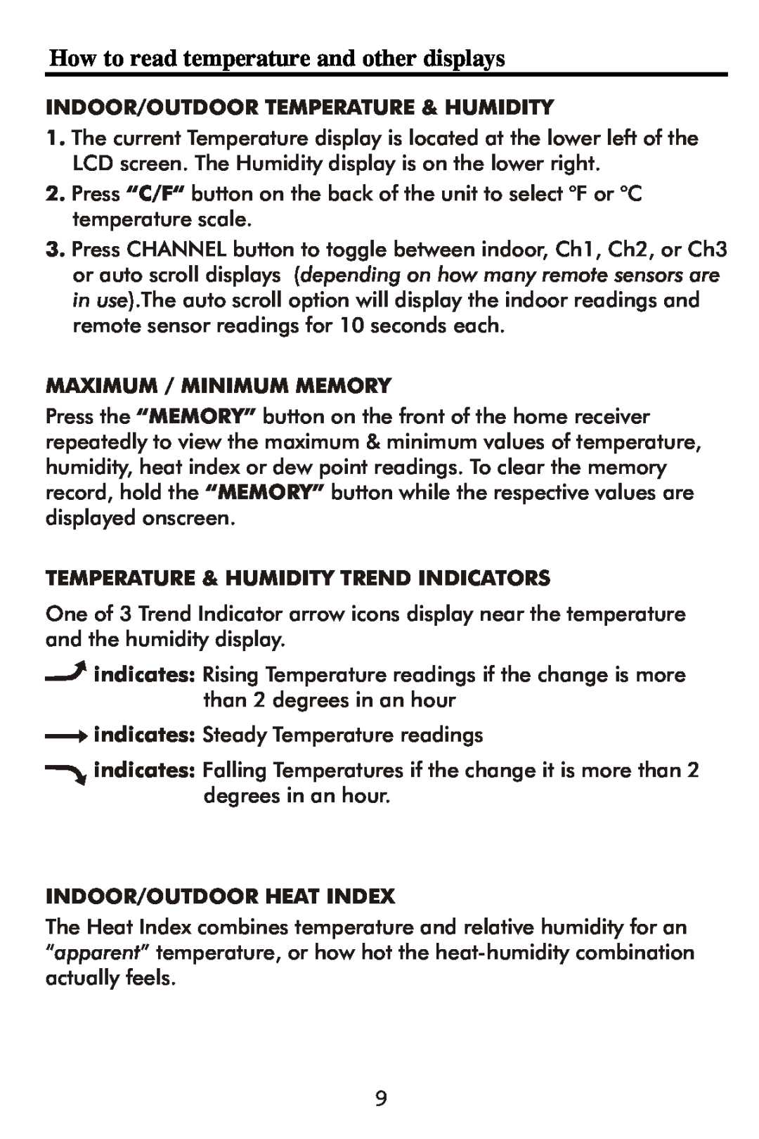 Taylor 1506 How to read temperature and other displays, Indoor/Outdoor Temperature & Humidity, Maximum / Minimum Memory 