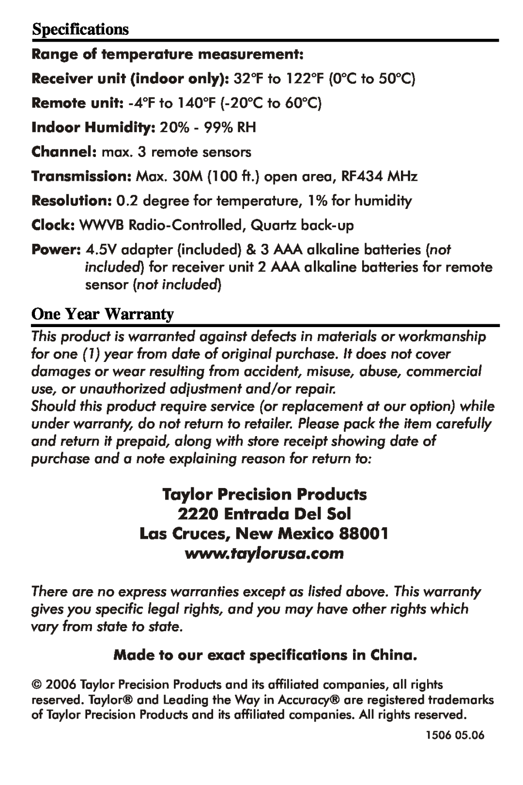 Taylor 1506 Specifications, One Year Warranty, Taylor Precision Products 2220 Entrada Del Sol, Las Cruces, New Mexico 