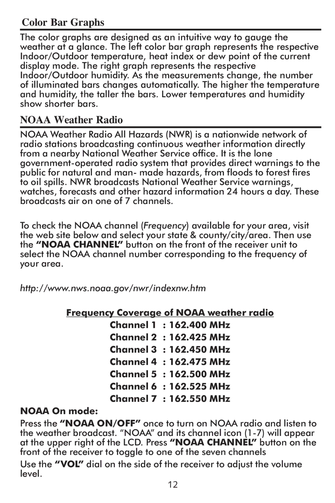 Taylor 1507 instruction manual Color Bar Graphs, Noaa Weather Radio 