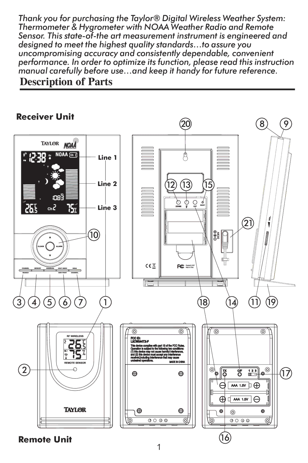 Taylor 1507 instruction manual Receiver Unit, Remote Unit 