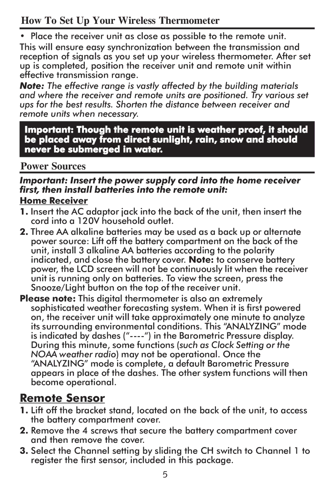 Taylor 1507 instruction manual Remote Sensor, How To Set Up Your Wireless Thermometer, Power Sources, Home Receiver 