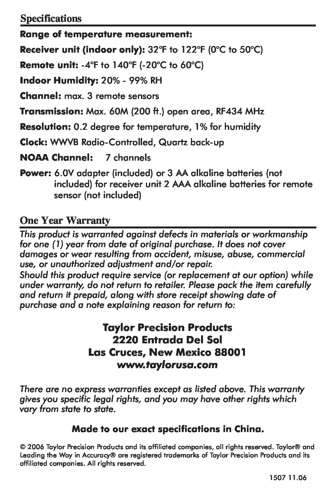 Taylor 1507 Specifications, One Year Warranty, Taylor Precision Products 2220 Entrada Del Sol Las Cruces, New Mexico 