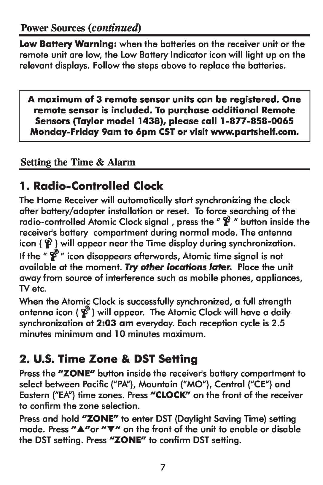Taylor 1507 Radio-Controlled Clock, 2. U.S. Time Zone & DST Setting, Setting the Time & Alarm, Power Sources continued 