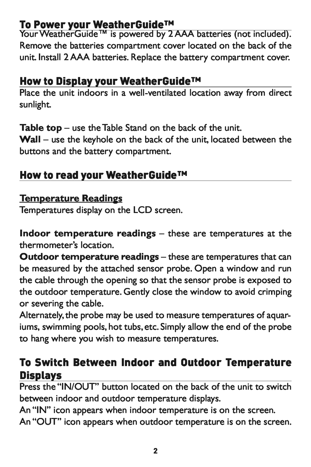 Taylor 1521 How to read your WeatherGuide, Display your WeatherGuide, To Switch Between Indoor and Outdoor Temperature 