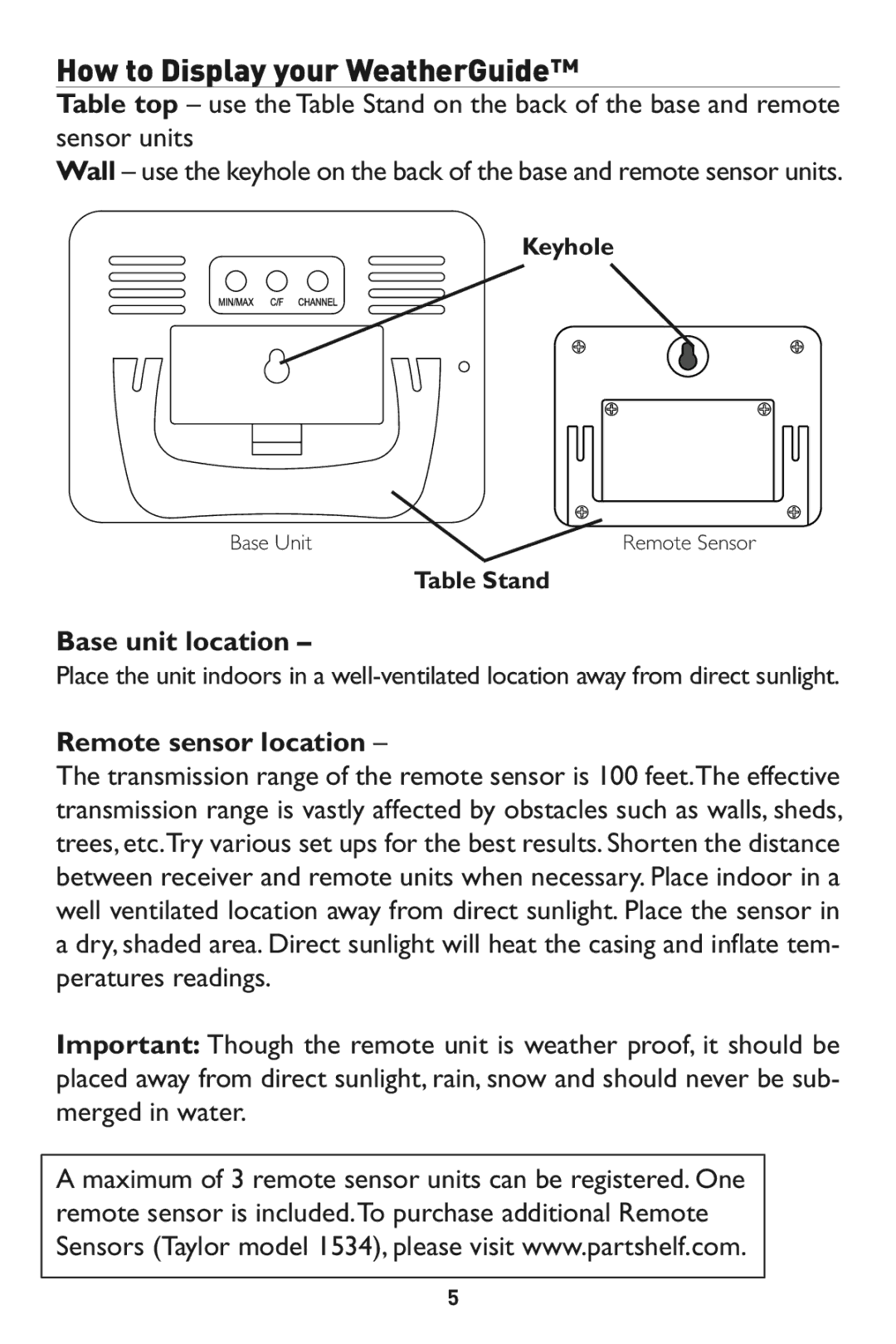 Taylor 1524 instruction manual Base unit location, Remote sensor location 