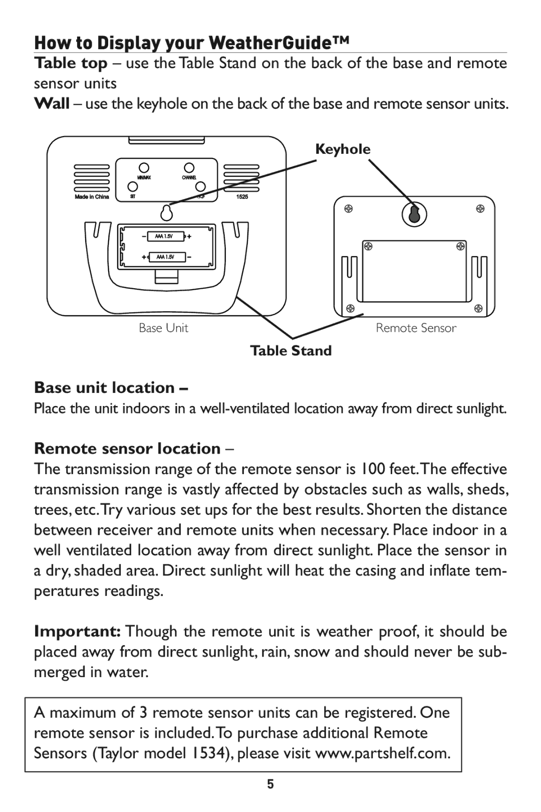 Taylor 1525 instruction manual Base unit location, Remote sensor location 