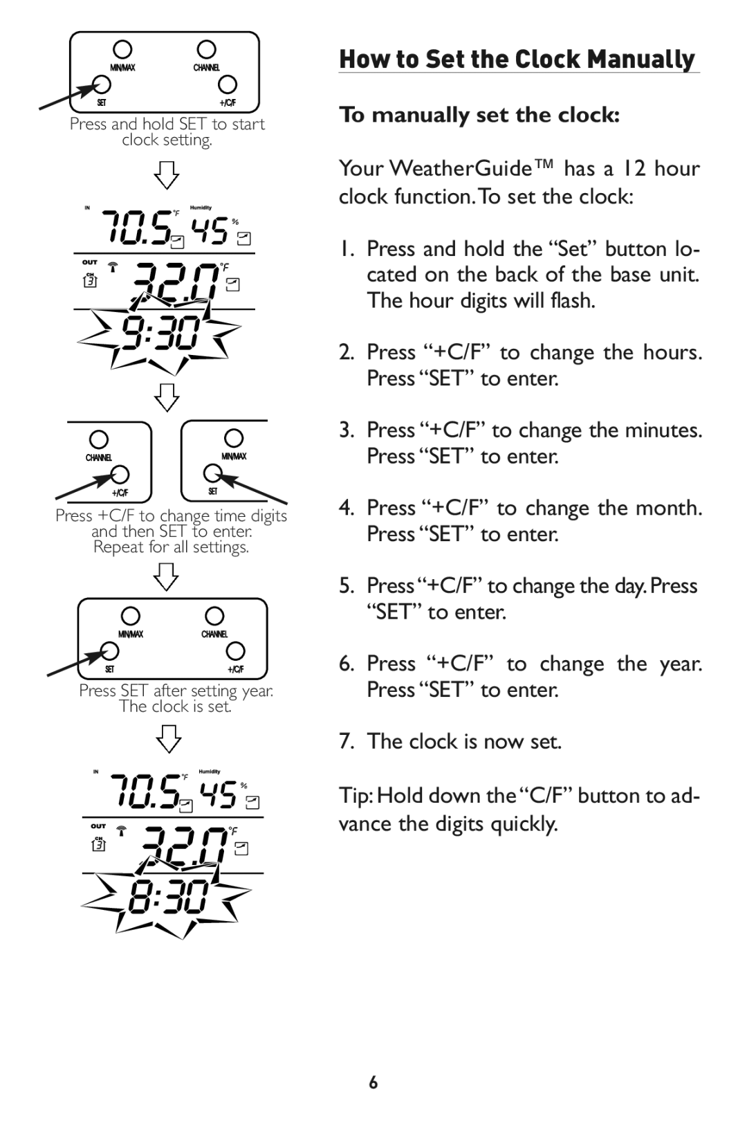 Taylor 1525 instruction manual Tomanually set the clock, Press and hold SET to start Clock setting 