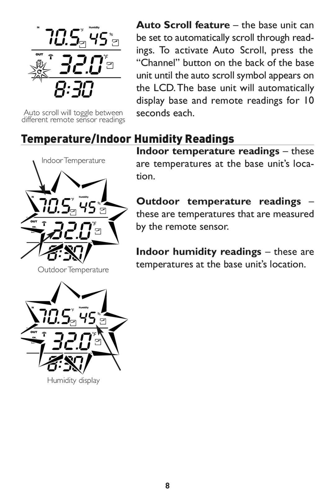 Taylor 1525 instruction manual Temperature/Indoor Humidity Readings, To Scroll feature the base unit can 