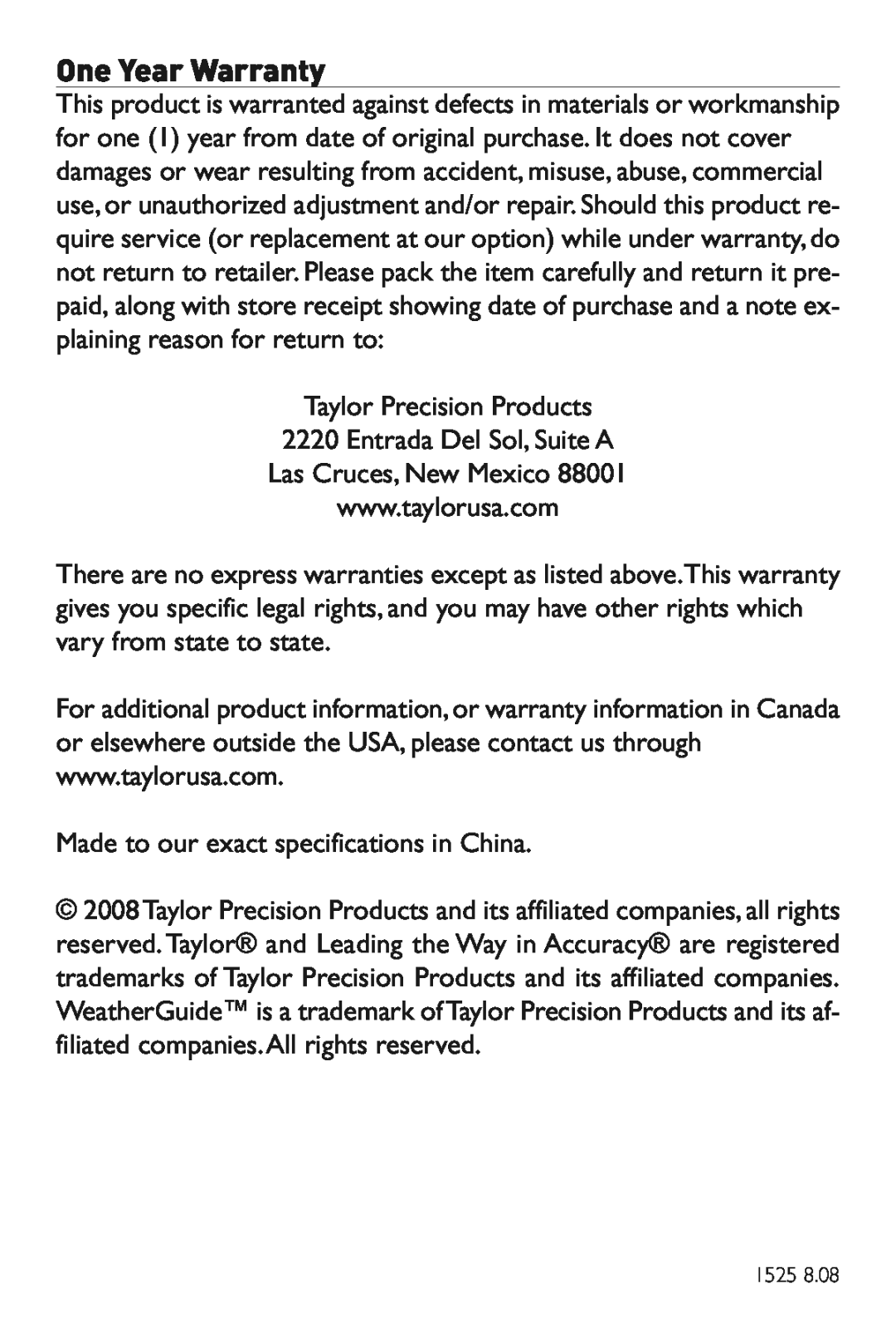 Taylor 1525 instruction manual Taylor Precision Products 2220 Entrada Del Sol, Suite A, Las Cruces, New Mexico 
