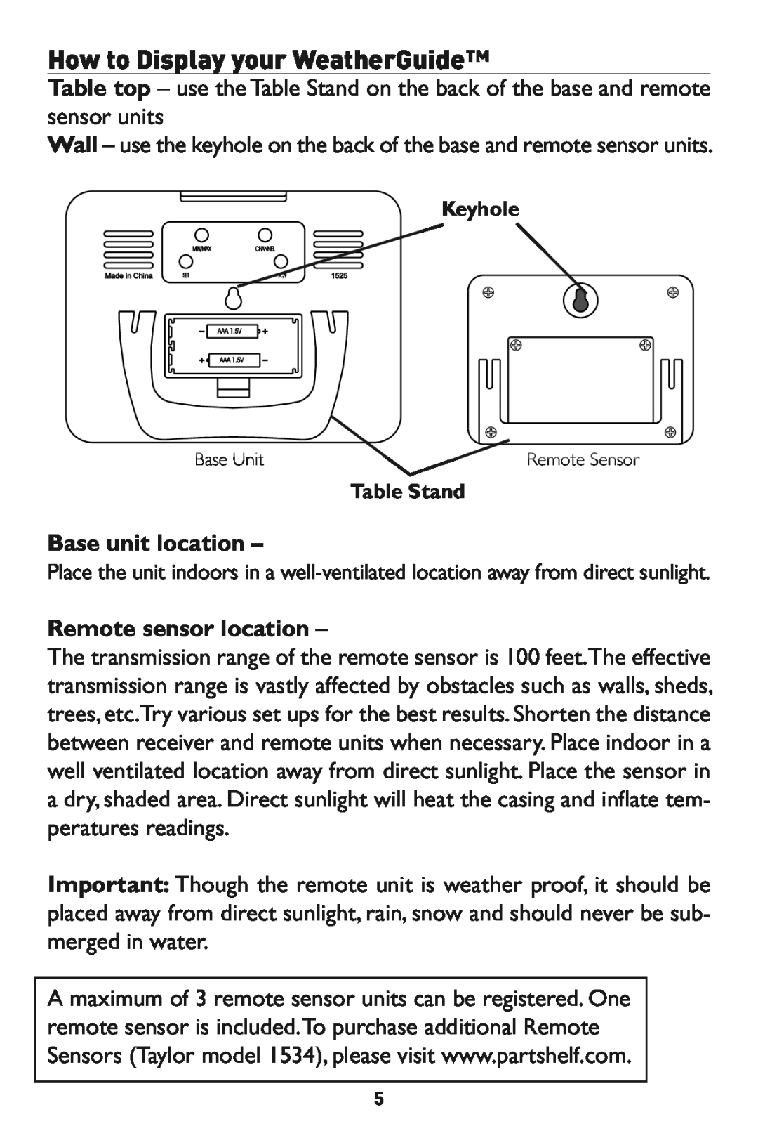 Taylor 1525 instruction manual Base unit location, Remote sensor location, Keyhole, TableStand 
