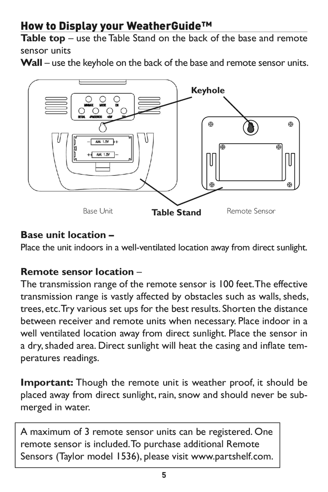 Taylor 1526 instruction manual Base unit location, Remote sensor location 