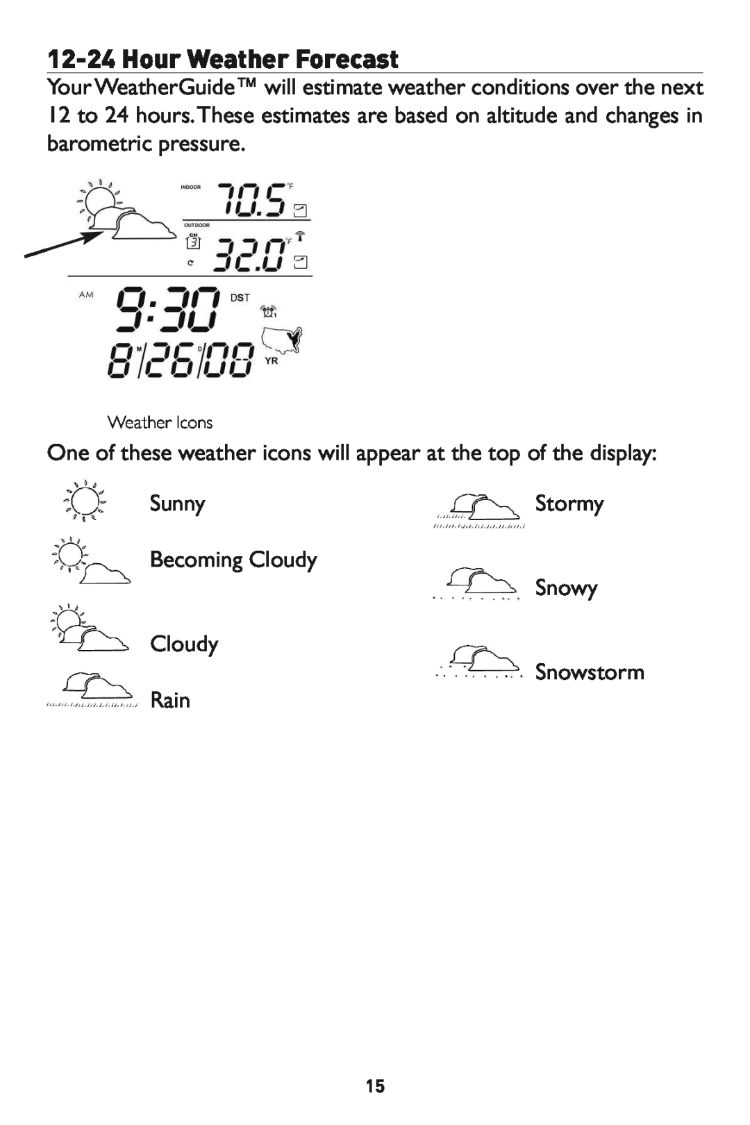 Taylor 1526 One of these weather icons will appear at the top of the display, Sunny, Becoming Cloudy, Stormy 