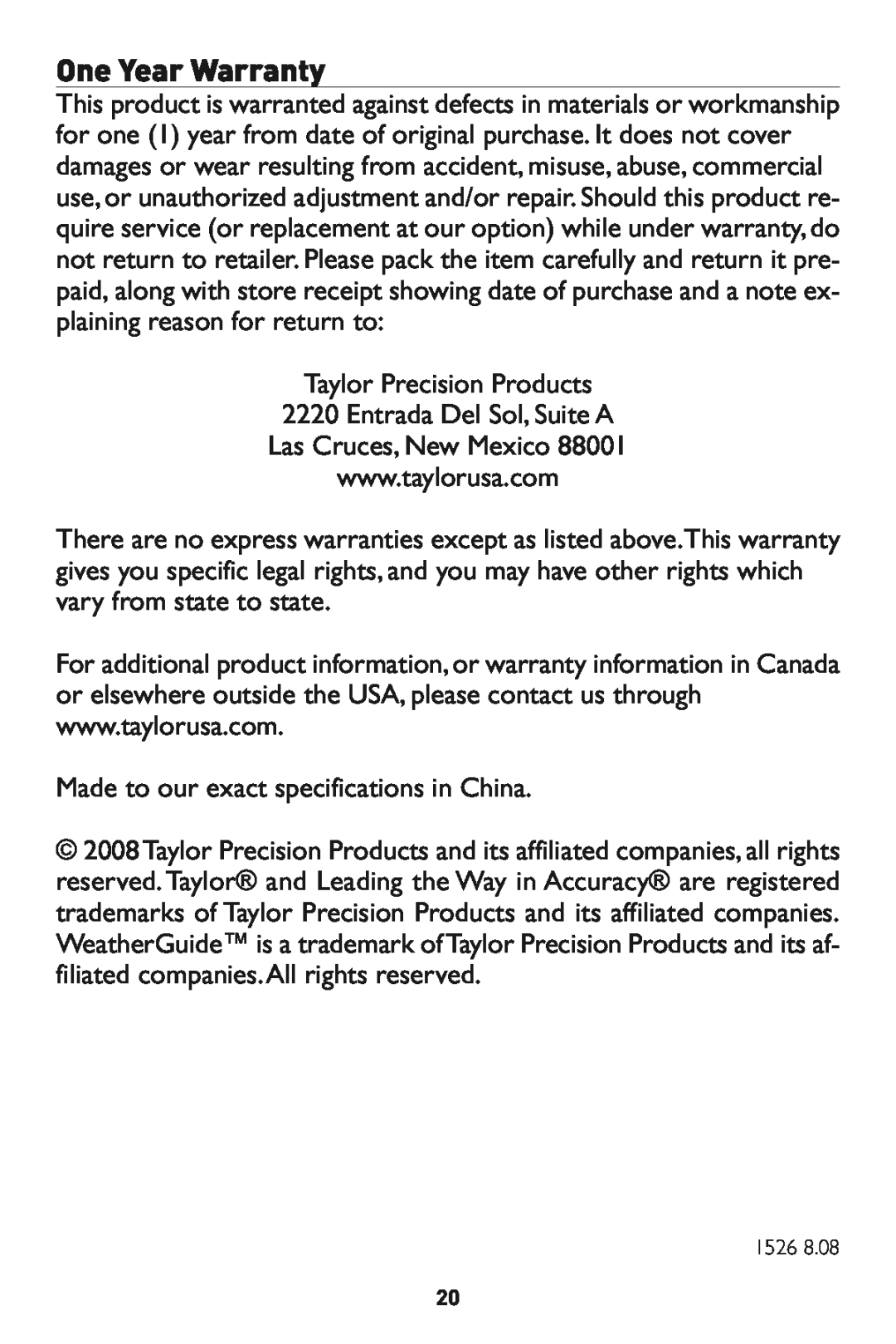 Taylor 1526 instruction manual Taylor Precision Products 2220 Entrada Del Sol, Suite A, Las Cruces, New Mexico 