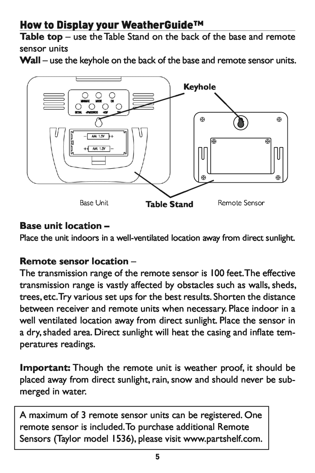 Taylor 1526 instruction manual Base unit location, Remote sensor location, Keyhole, TableStand 