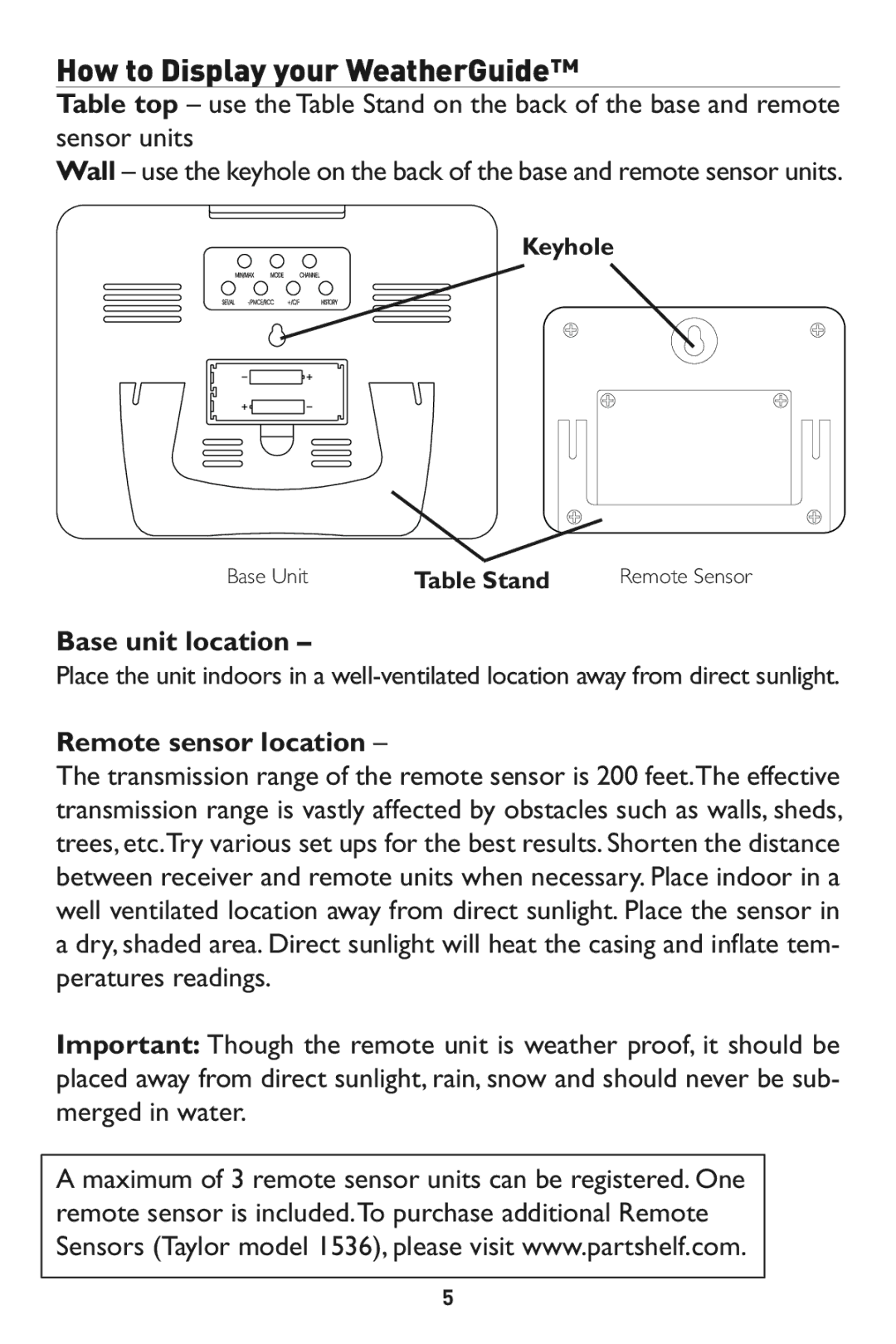 Taylor 1527 instruction manual Base unit location, Remote sensor location 