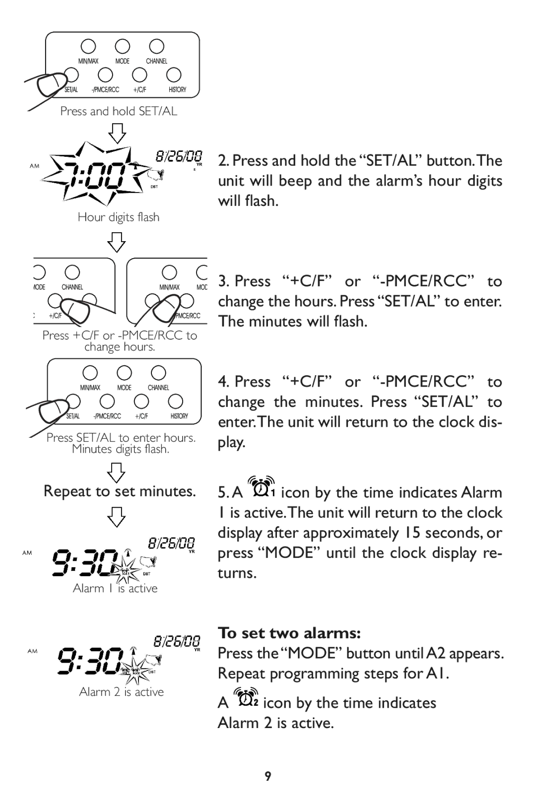 Taylor 1527 instruction manual Repeat to set minutes, Toset two alarms, Icon by the time indicates Alarm 2 is active 