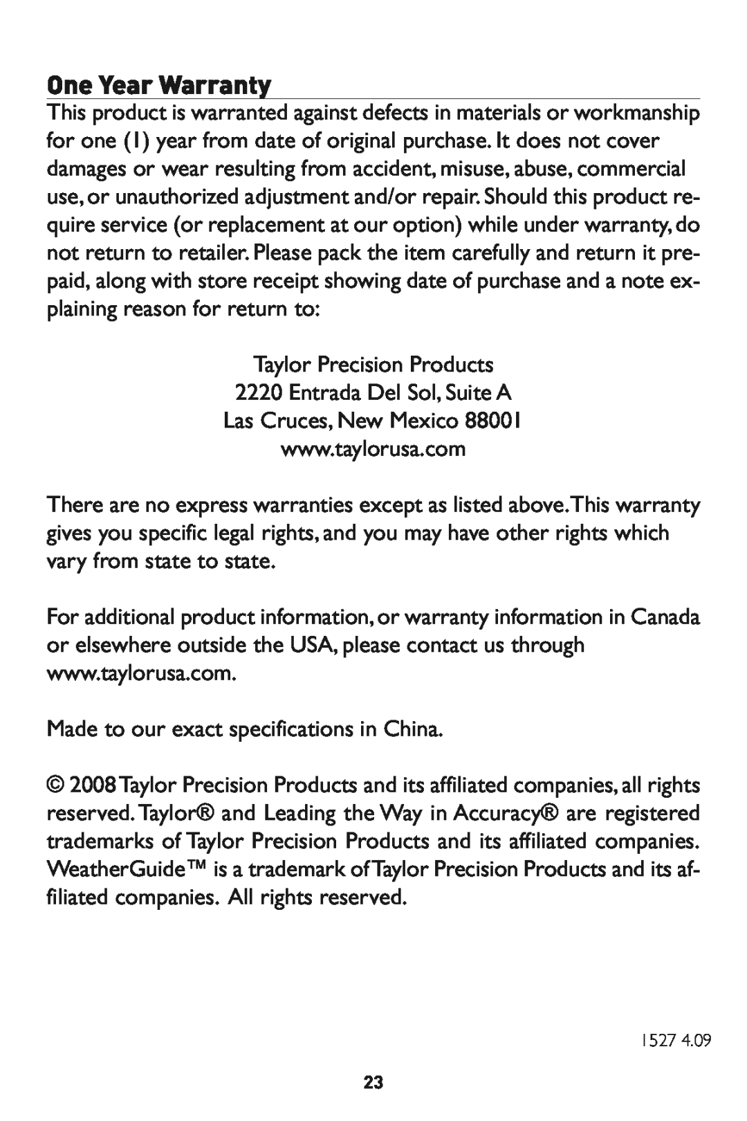 Taylor 1527 instruction manual Taylor Precision Products 