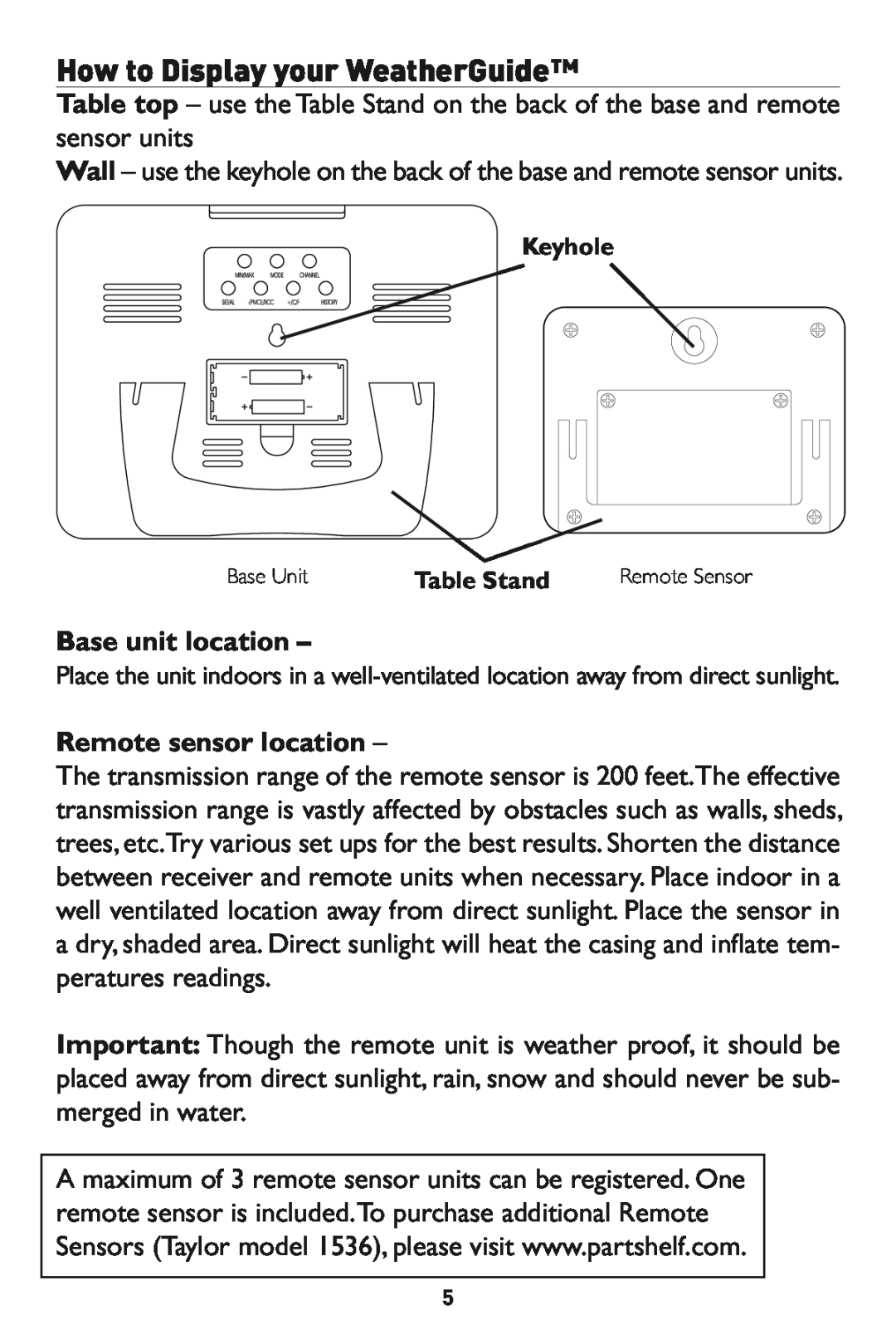 Taylor 1527 instruction manual Base unit location, Remote sensor location, Keyhole, TableStand 