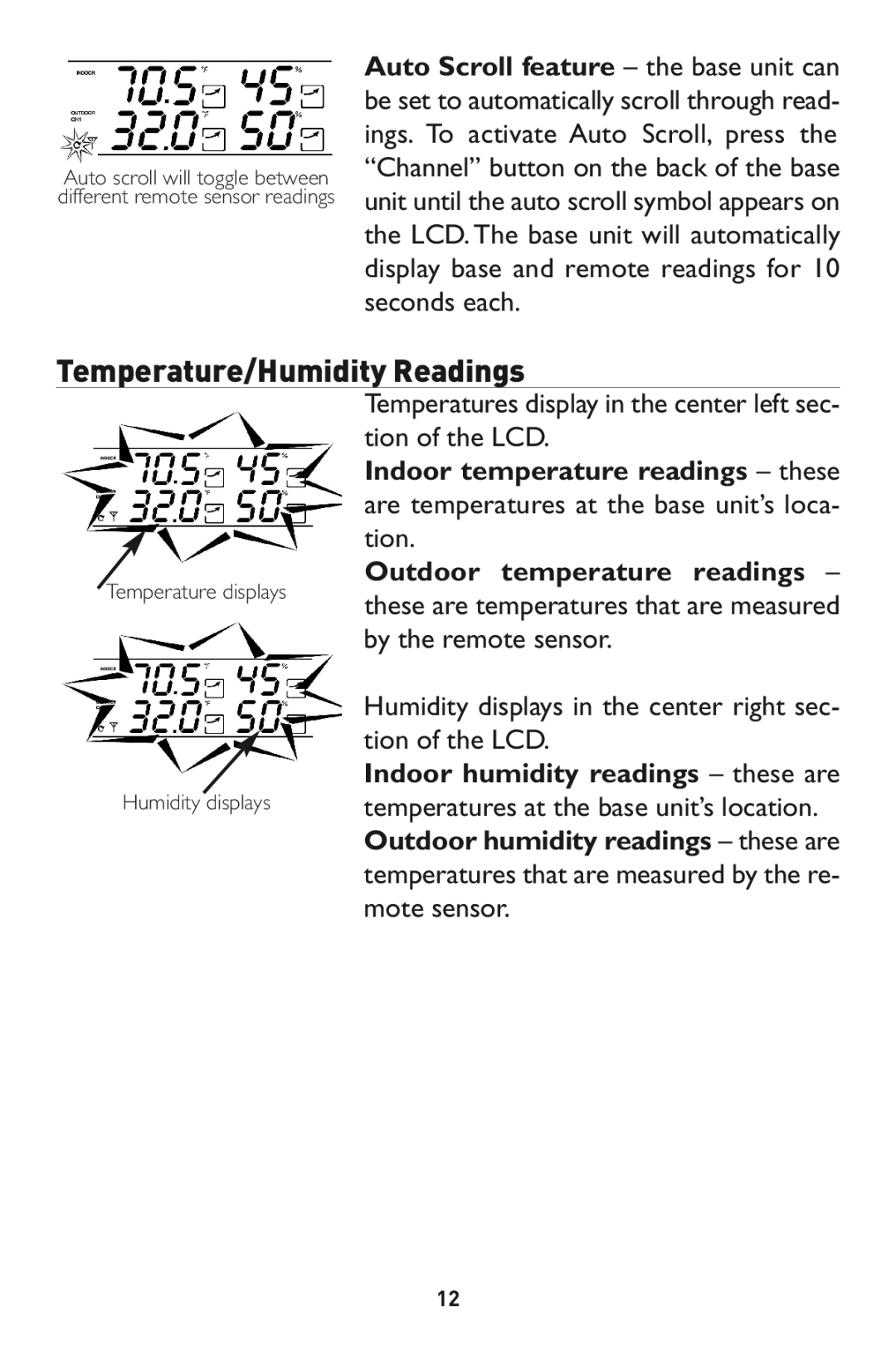 Taylor 1528 instruction manual Temperature/Humidity Readings, Auto Scroll feature the base unit can 