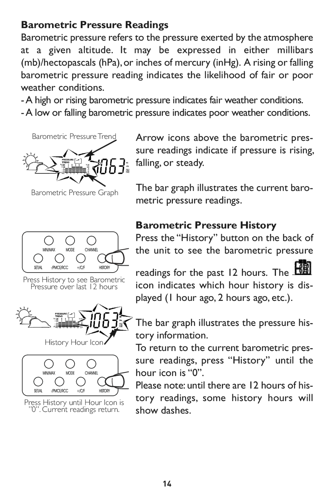 Taylor 1528 instruction manual Barometric Pressure Readings, Barometric14 Pressure History, Readings for the past 12 hours 