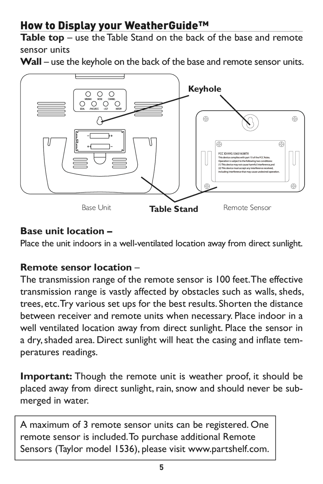 Taylor 1528 instruction manual Base unit location, Remote sensor location 