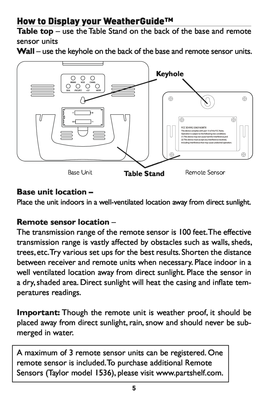Taylor 1528 instruction manual Base unit location, Remote sensor location, Keyhole, TableStand 