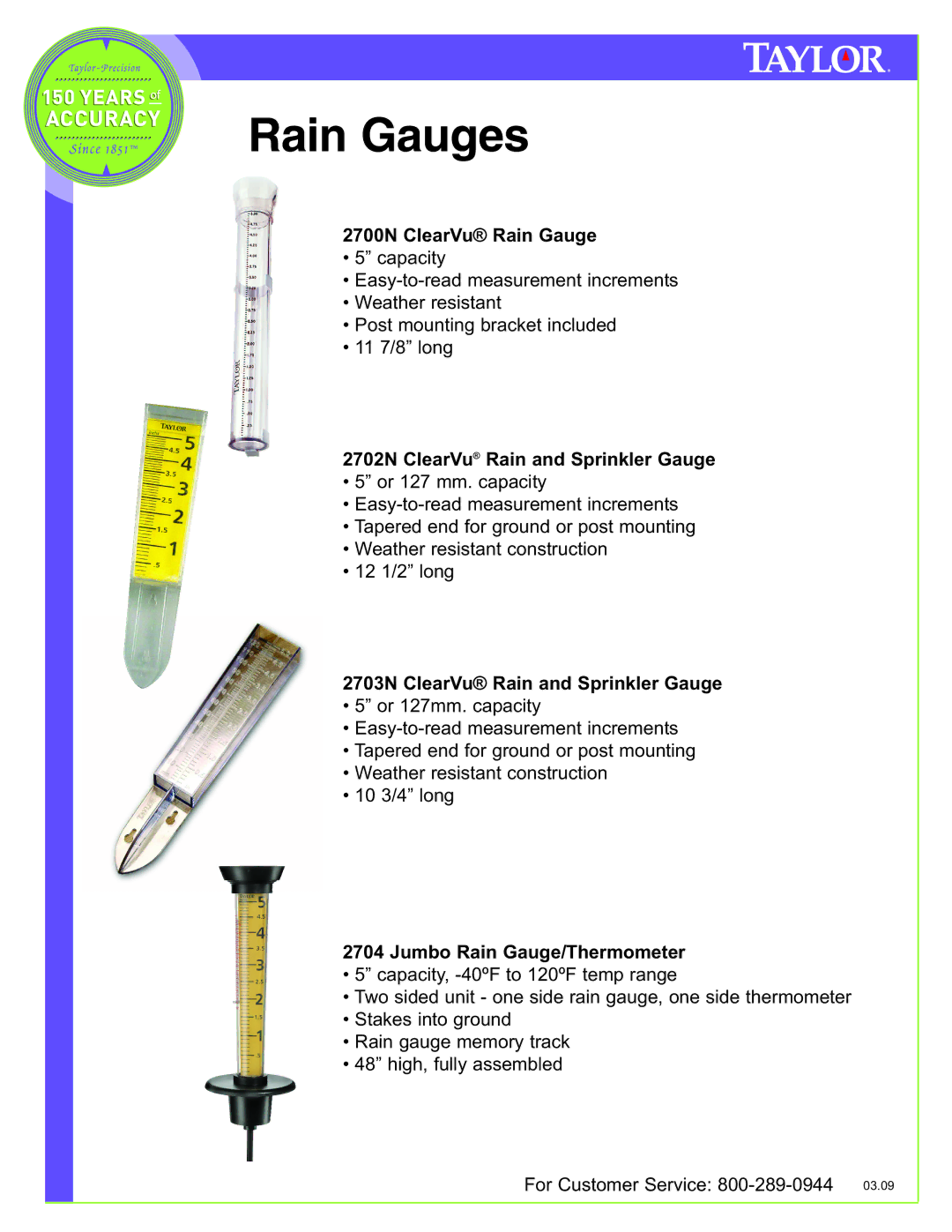 Taylor 2704, 2703N manual Rain Gauges, 2700N ClearVu Rain Gauge, 2702N ClearVu Rain and Sprinkler Gauge 