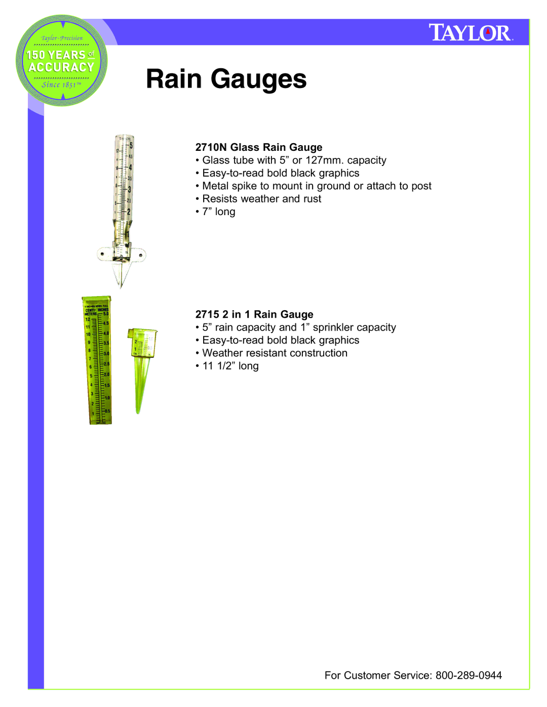 Taylor 2704, 2700N, 2702N, 2703N manual 2710N Glass Rain Gauge, 2715 2 in 1 Rain Gauge 